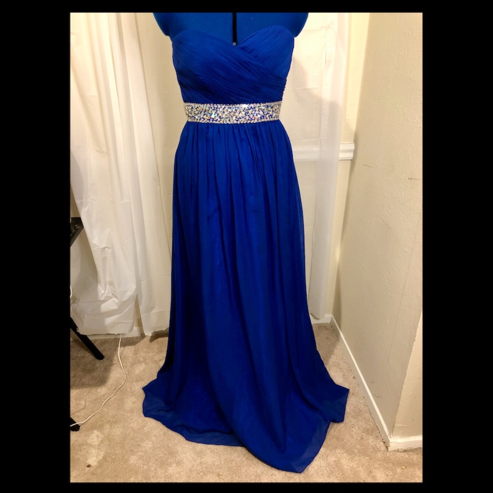 Royal blue strapless floor length formal dress